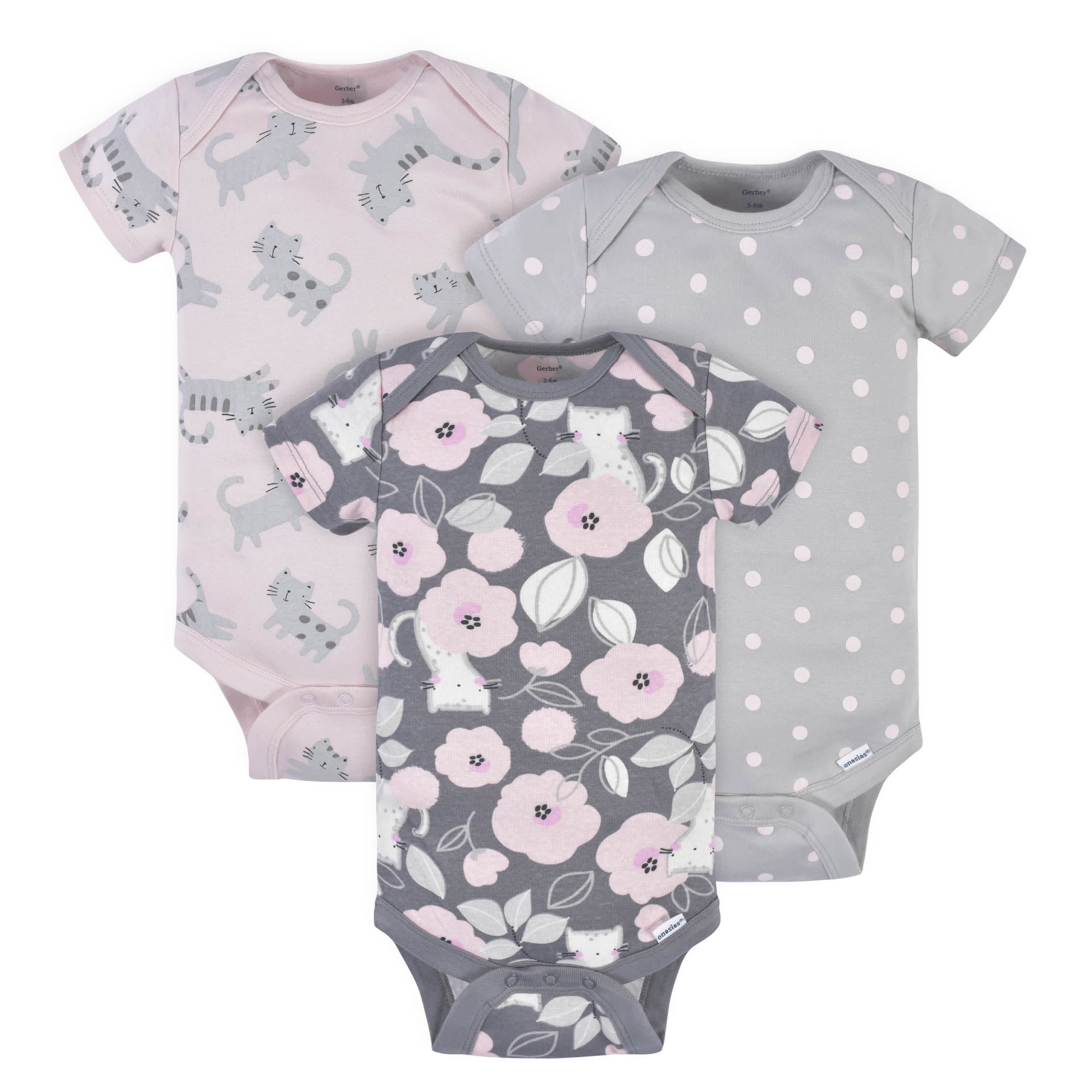 3-Pack Baby Girls Comfy Stretch Floral Leopard Short Sleeve Onesies® Bodysuits-Gerber Childrenswear