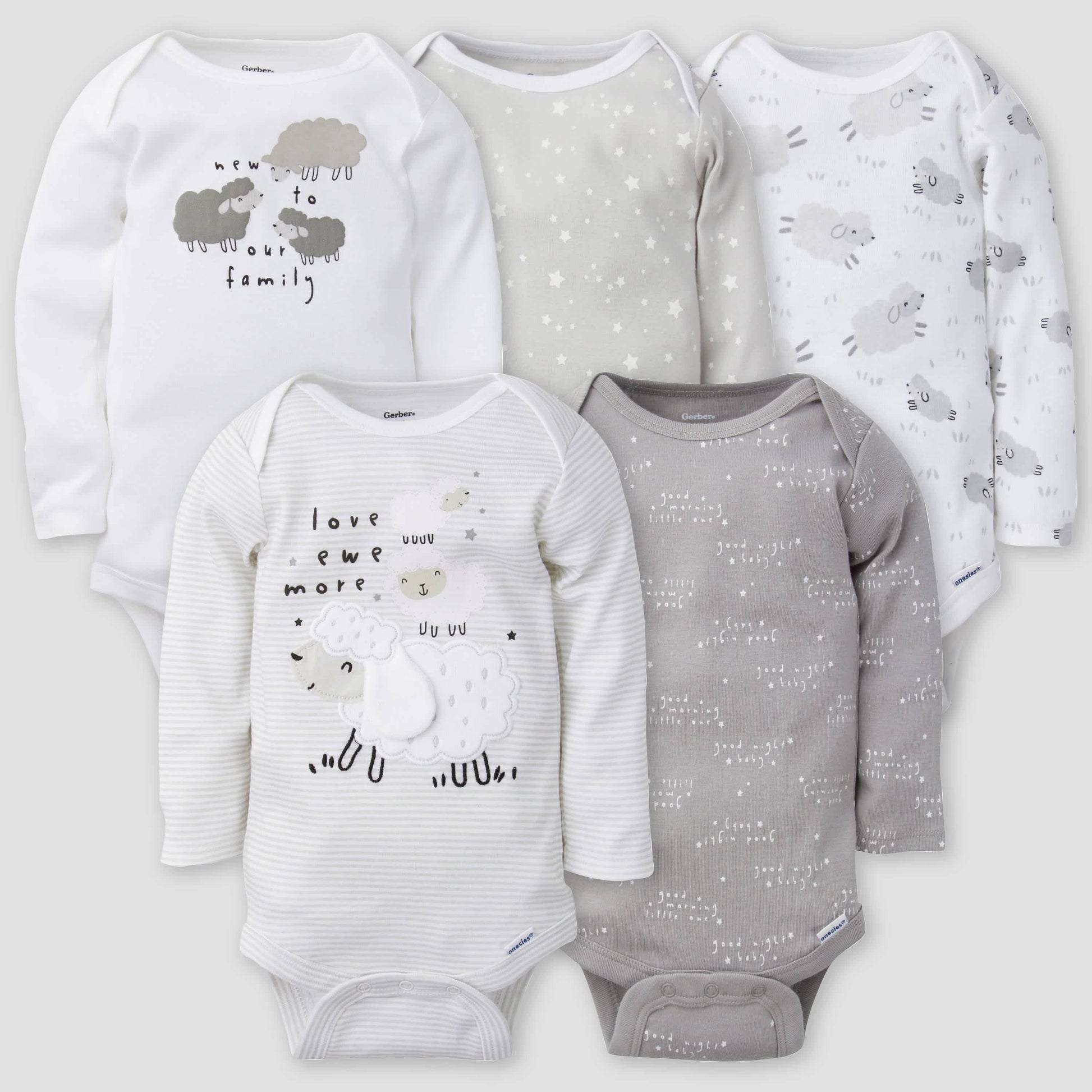 5-Pack Baby Neutral Lamb Long Sleeve Onesies® Bodysuits
