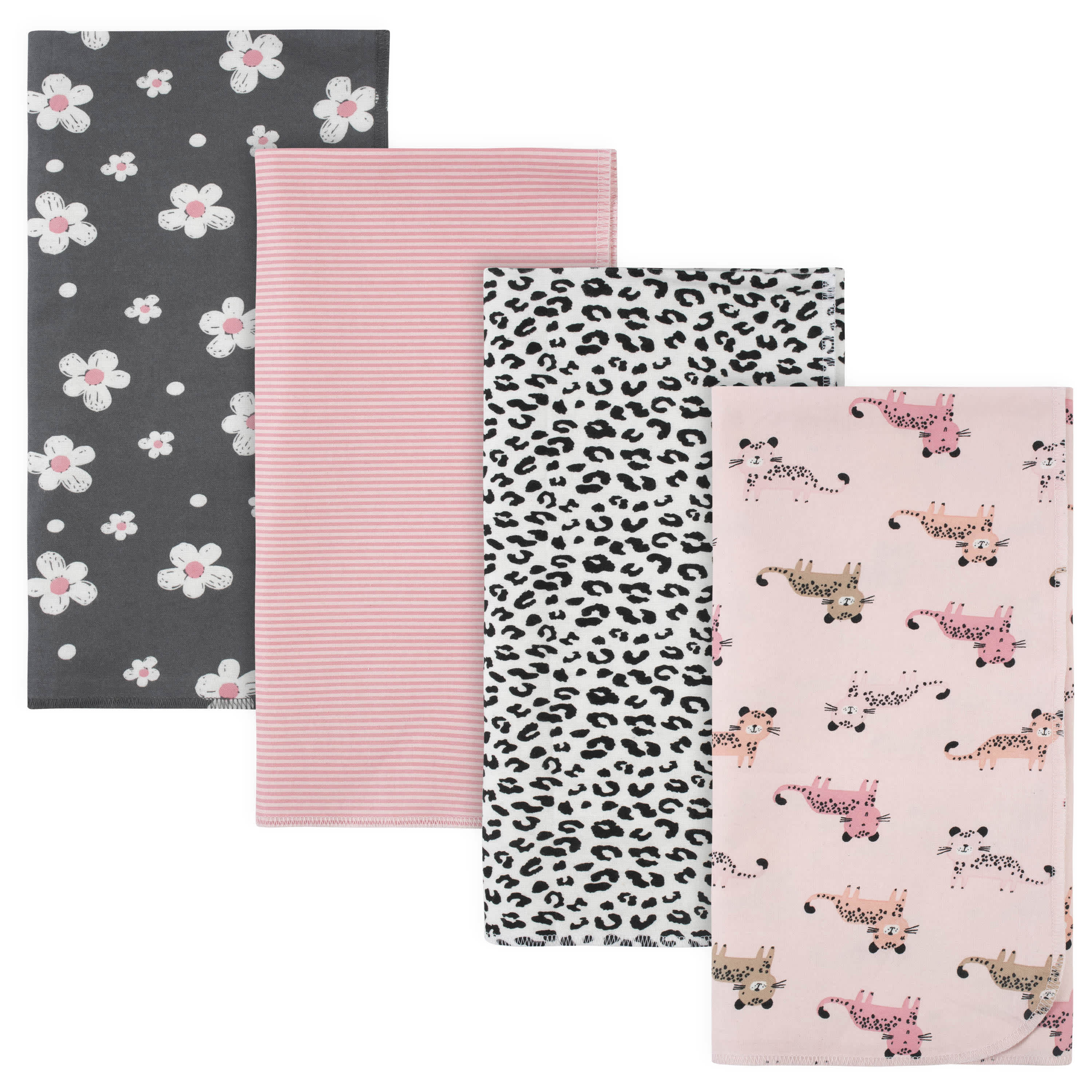 4-Pack Girls Leopard Flannel Receiving Blankets-Gerber Childrenswear