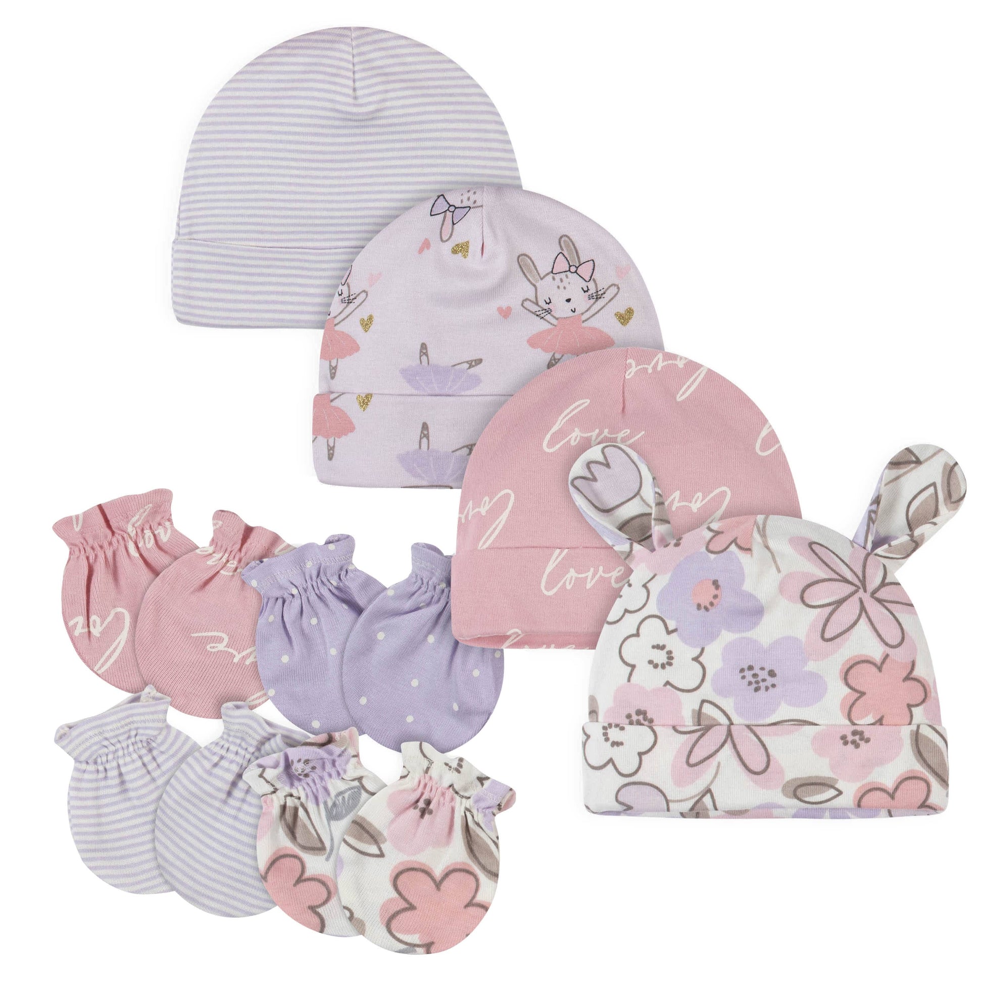 8-Piece Baby Girls Bunny Caps & Mittens Set-Gerber Childrenswear