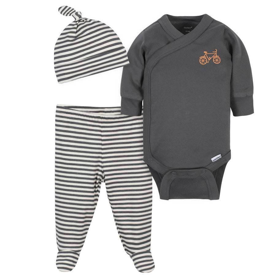 3-Piece Baby Boys Comfy Stretch Bicycle Onesies® Bodysuit, Footed Pant and Cap Set-Gerber Childrenswear