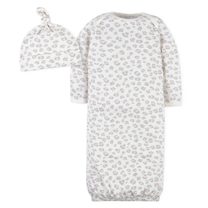 2-Piece Baby Girls Comfy Stretch Floral Leopard Gown & Cap Set-Gerber Childrenswear