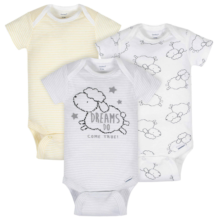 3-Pack Baby Neutral Lamb Short Sleeve Onesies® Bodysuits-Gerber Childrenswear