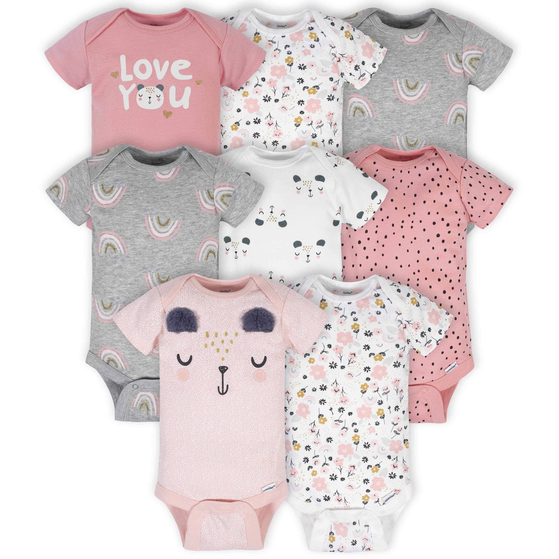 8-Pack Baby Girls Bear Short Sleeve Onesies® Bodysuits-Gerber Childrenswear