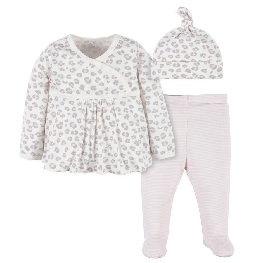 3-Piece Baby Girls Comfy Stretch Floral Leopard Long Sleeve Shirt, Footed Pant, & Cap Set-Gerber Childrenswear