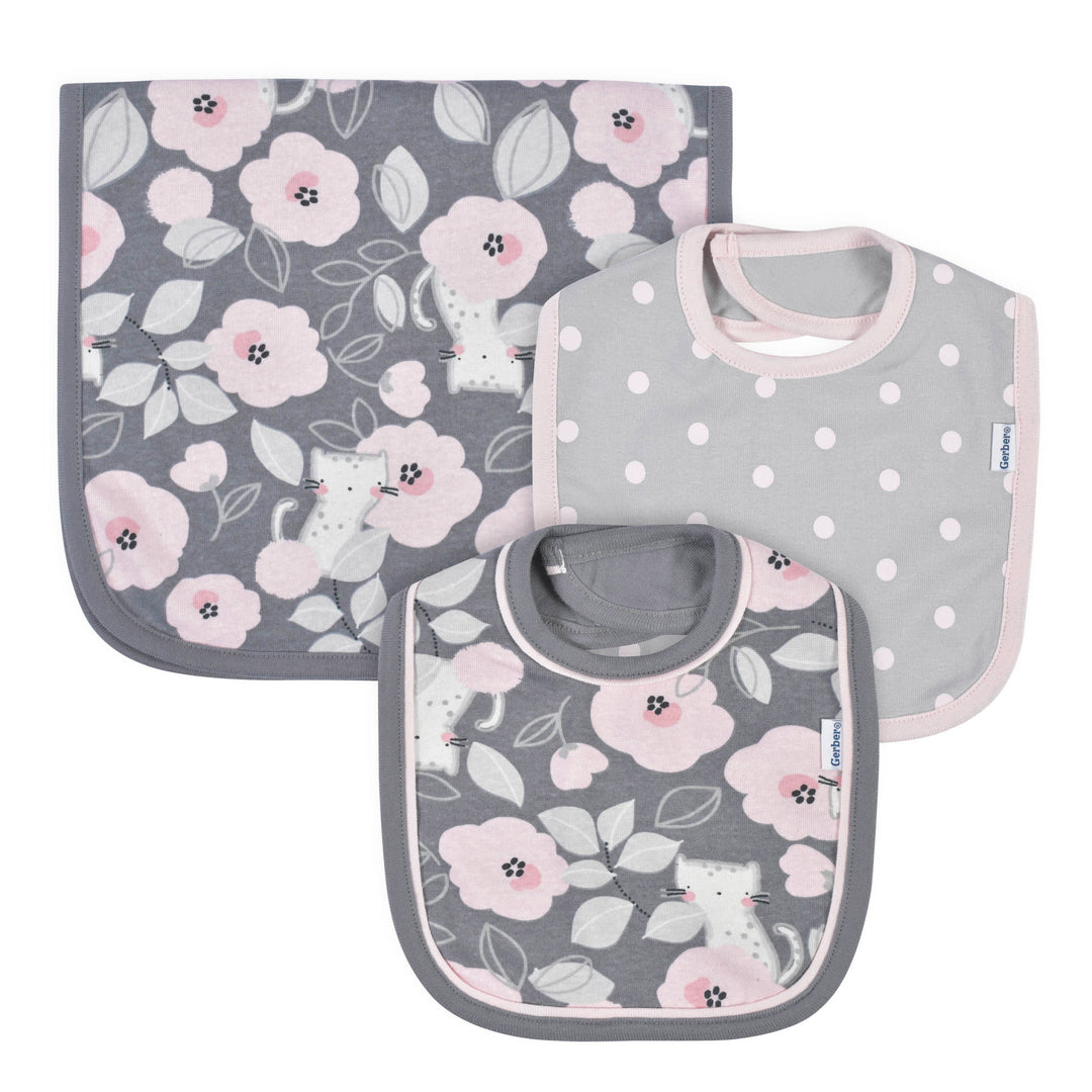 3-Piece Baby Girls Comfy Stretch Floral Leopard Bib & Burps Set-Gerber Childrenswear