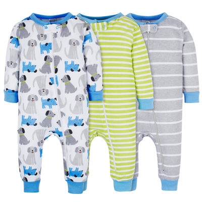 3-Pack Baby & Toddler Boys Stripes & Doggies Snug Fit Footless Pajamas