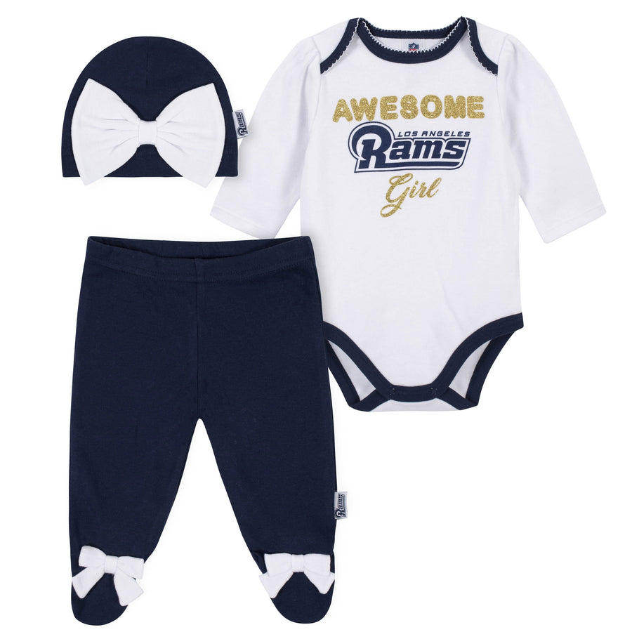 Los Angeles Rams Girl Outfit, 3pc Bodysuit, Pant, and Cap Set - Rams-Gerber Childrenswear