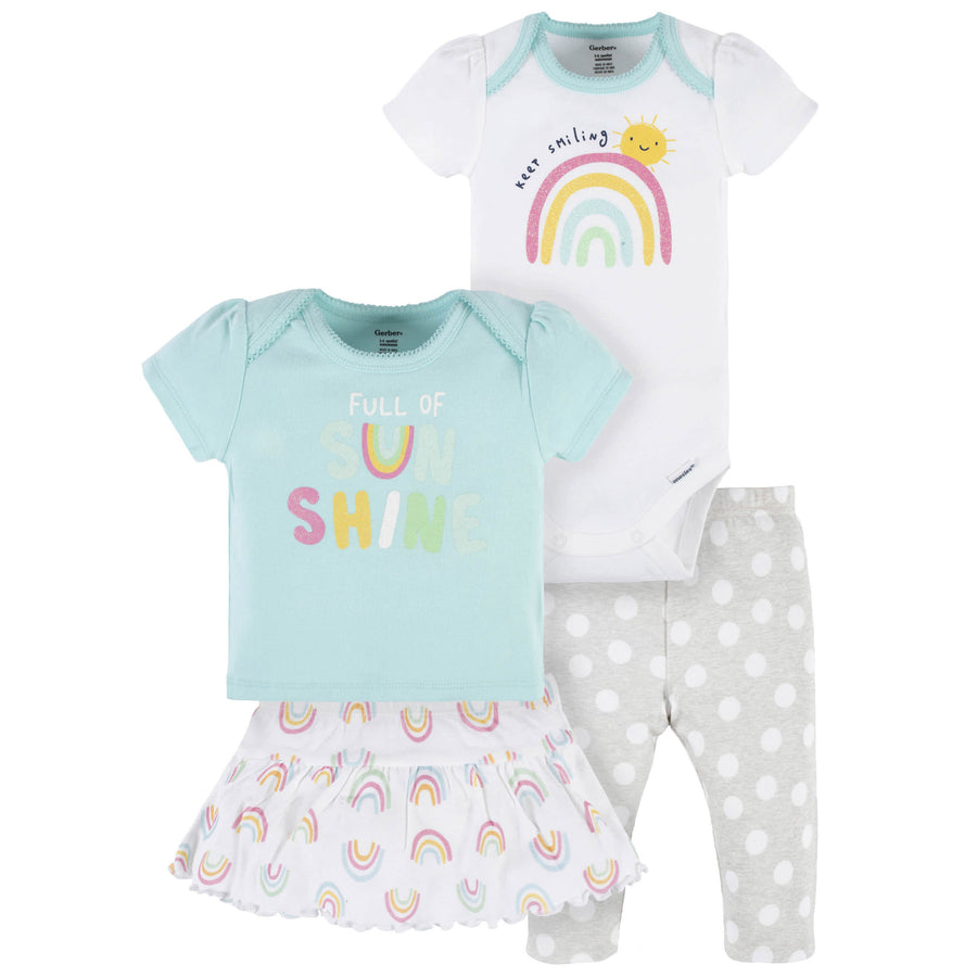 4-Piece Baby Girls Dots Of Rainbows Onesies® Bodysuit, Tee, Skort & Pant Set-Gerber Childrenswear