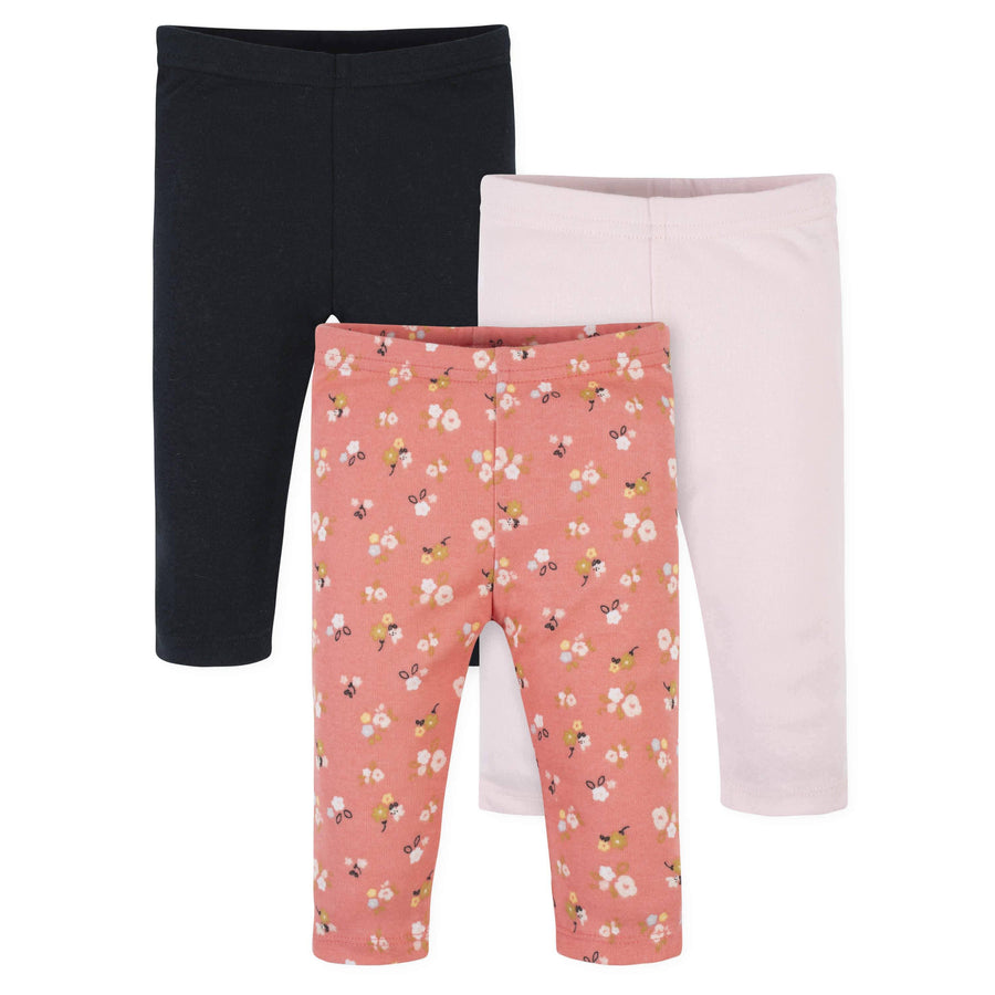 3-Pack Baby Girls Floral, Pink, & Black Leggings-Gerber Childrenswear
