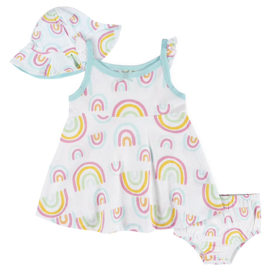 3-Piece Baby & Toddler Girls Dots Of Rainbows Dress, Diaper Cover & Sun Hat Set