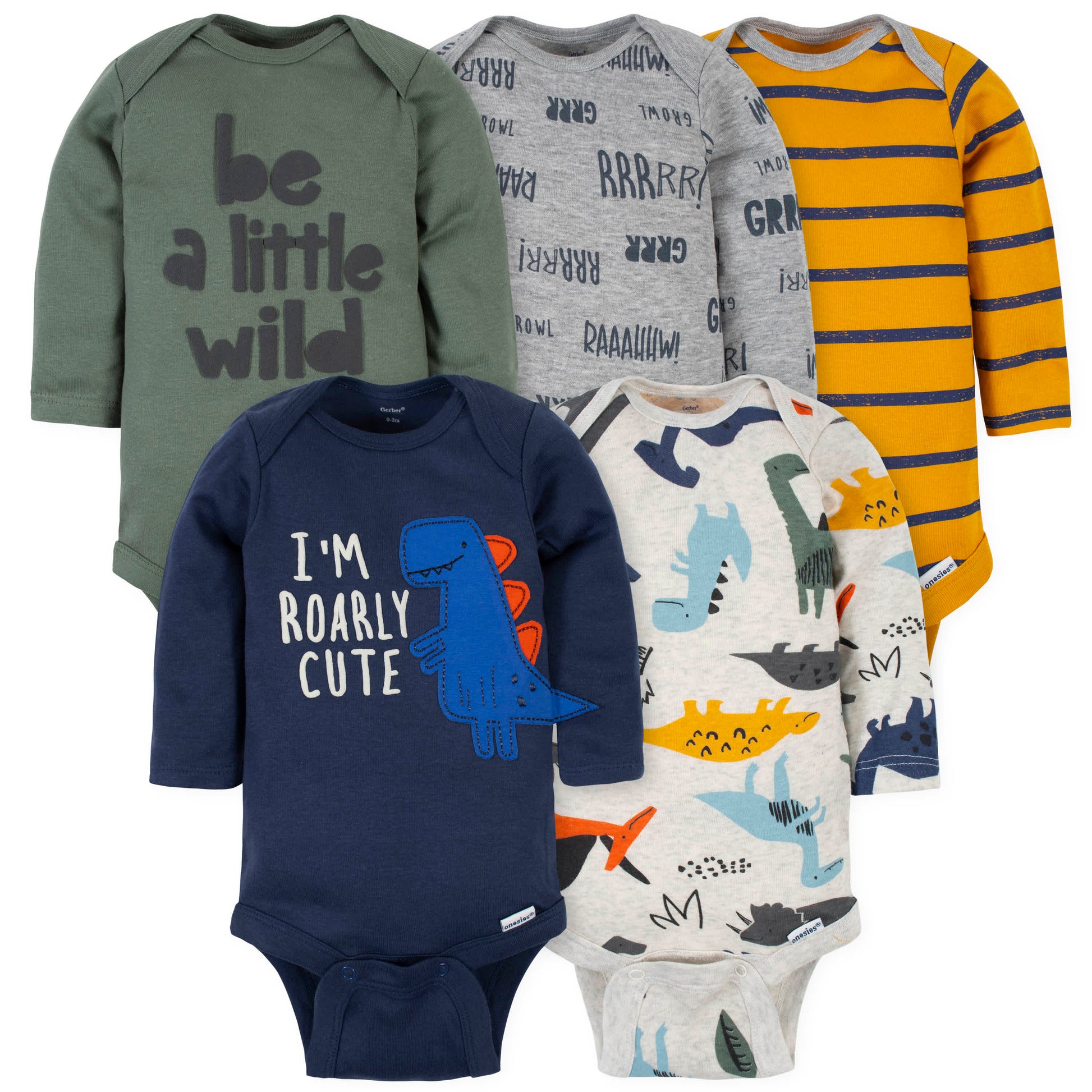5-Pack Baby Boys Dino Long Sleeve Onesies® Bodysuits
