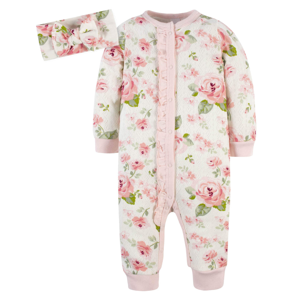 2-Piece Baby Girls Feelin' Floral Roses Coverall & Headband Set-Gerber Childrenswear