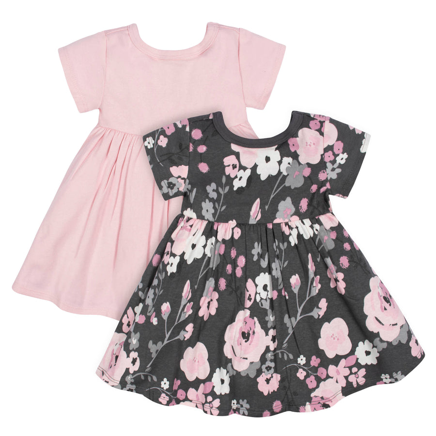 2-Pack Baby Girls Gray Floral Short Sleeve Dresses-Gerber Childrenswear
