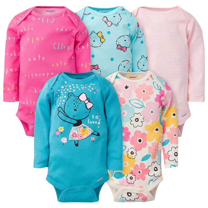 5-Pack Baby Girls Bear Long Sleeve Onesies® Bodysuits-Gerber Childrenswear