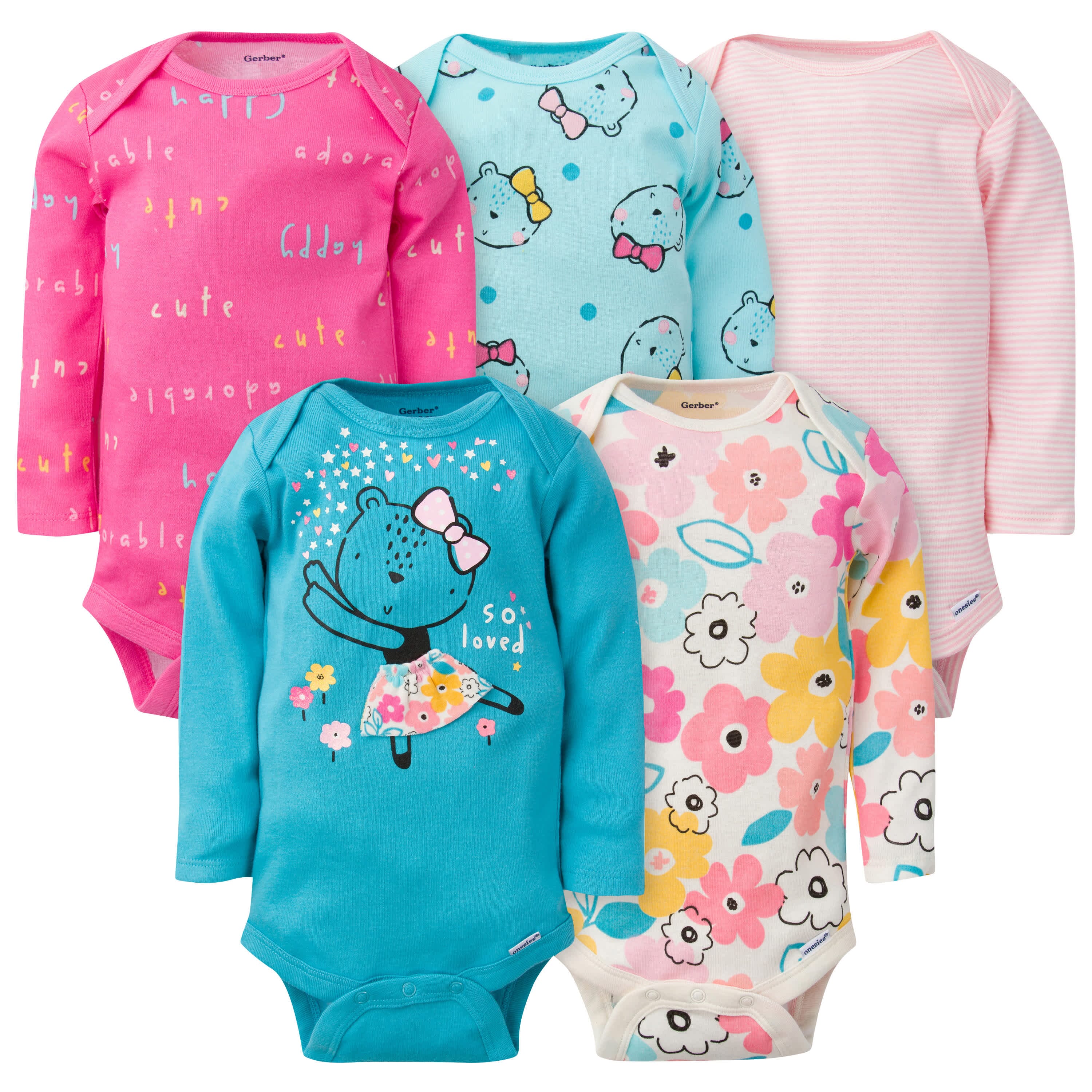 5-Pack Baby Girls Bear Long Sleeve Onesies® Bodysuits-Gerber Childrenswear