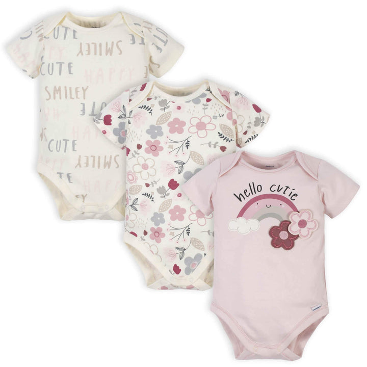 Organic 3-Pack Baby Girls Hello Cutie Short Sleeve Onesies® Bodysuits-Gerber Childrenswear
