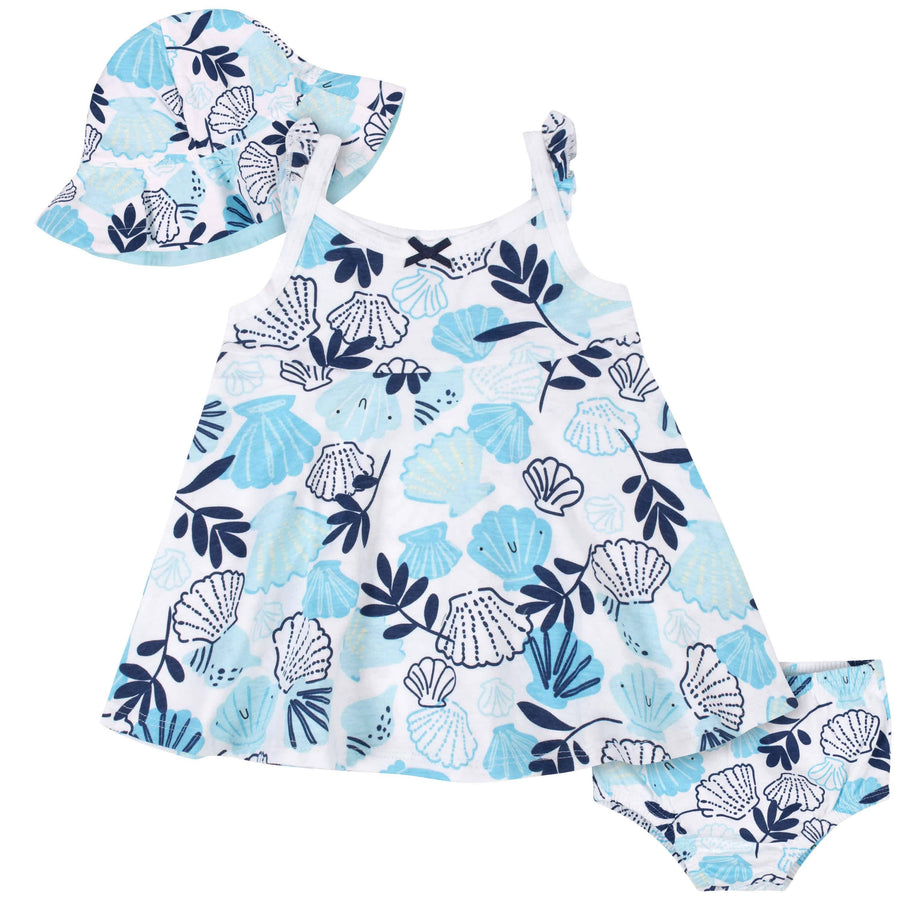 3-Piece Baby & Toddler Girls Sea Shells Dress, Diaper Cover & Sun Hat Set-Gerber Childrenswear