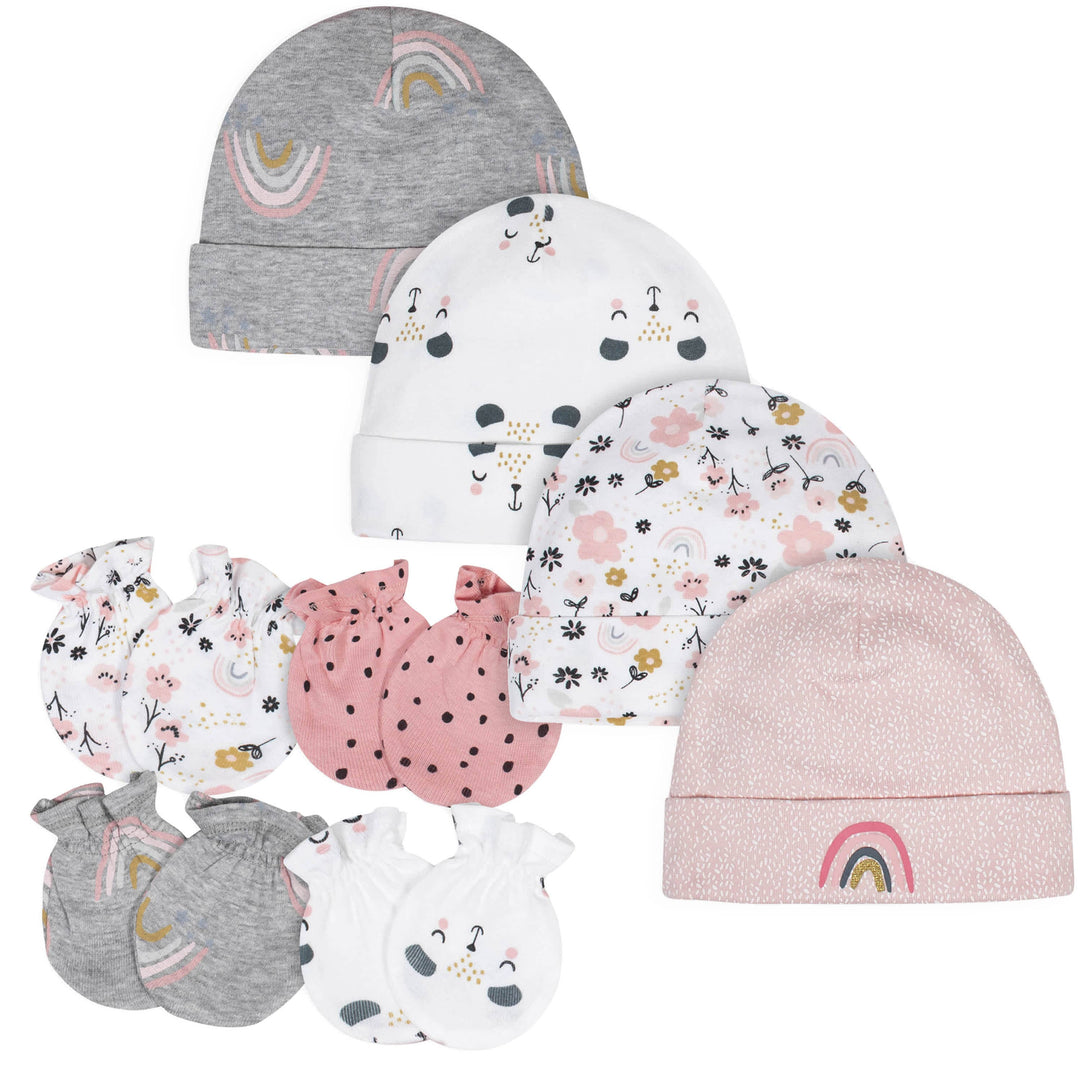 8-Piece Baby Girls Bear Caps & Mittens Set-Gerber Childrenswear