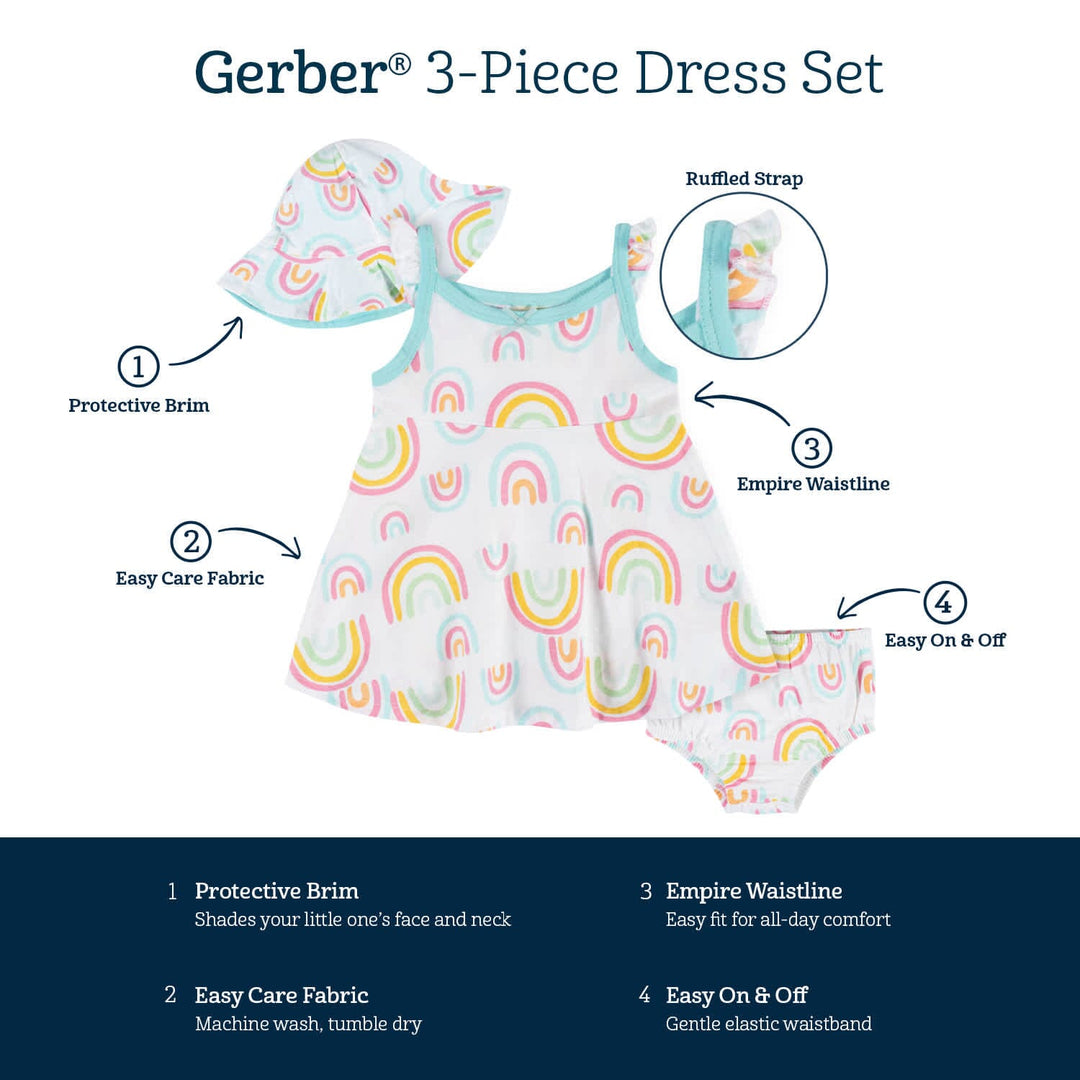 3-Piece Baby & Toddler Girls Dots Of Rainbows Dress, Diaper Cover & Sun Hat Set