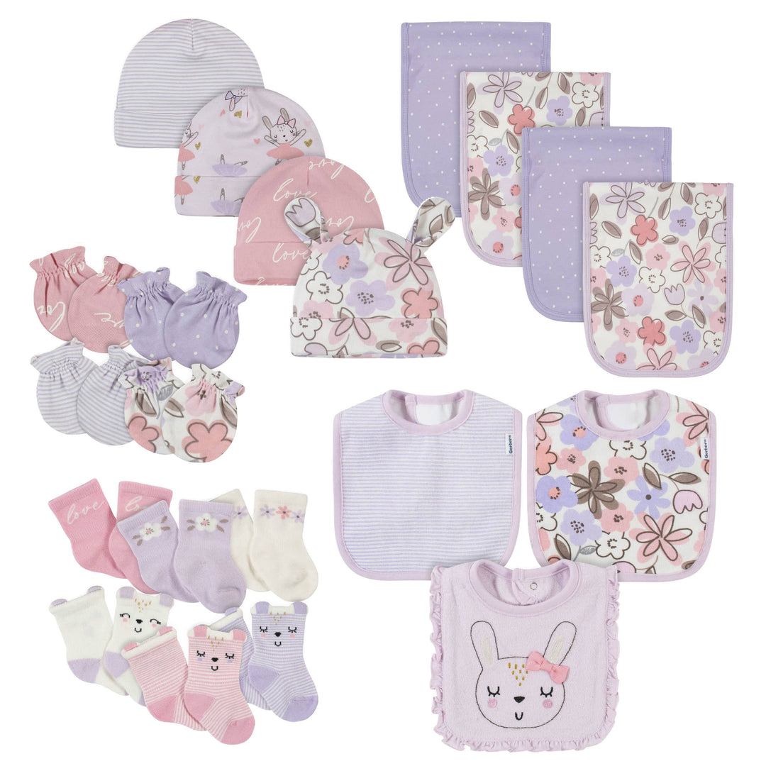 21-Piece Baby Girls Bunny Ballerina Terry Bib, Burpcloth, Mittens, Cap and Bootie Sock Set-Gerber Childrenswear