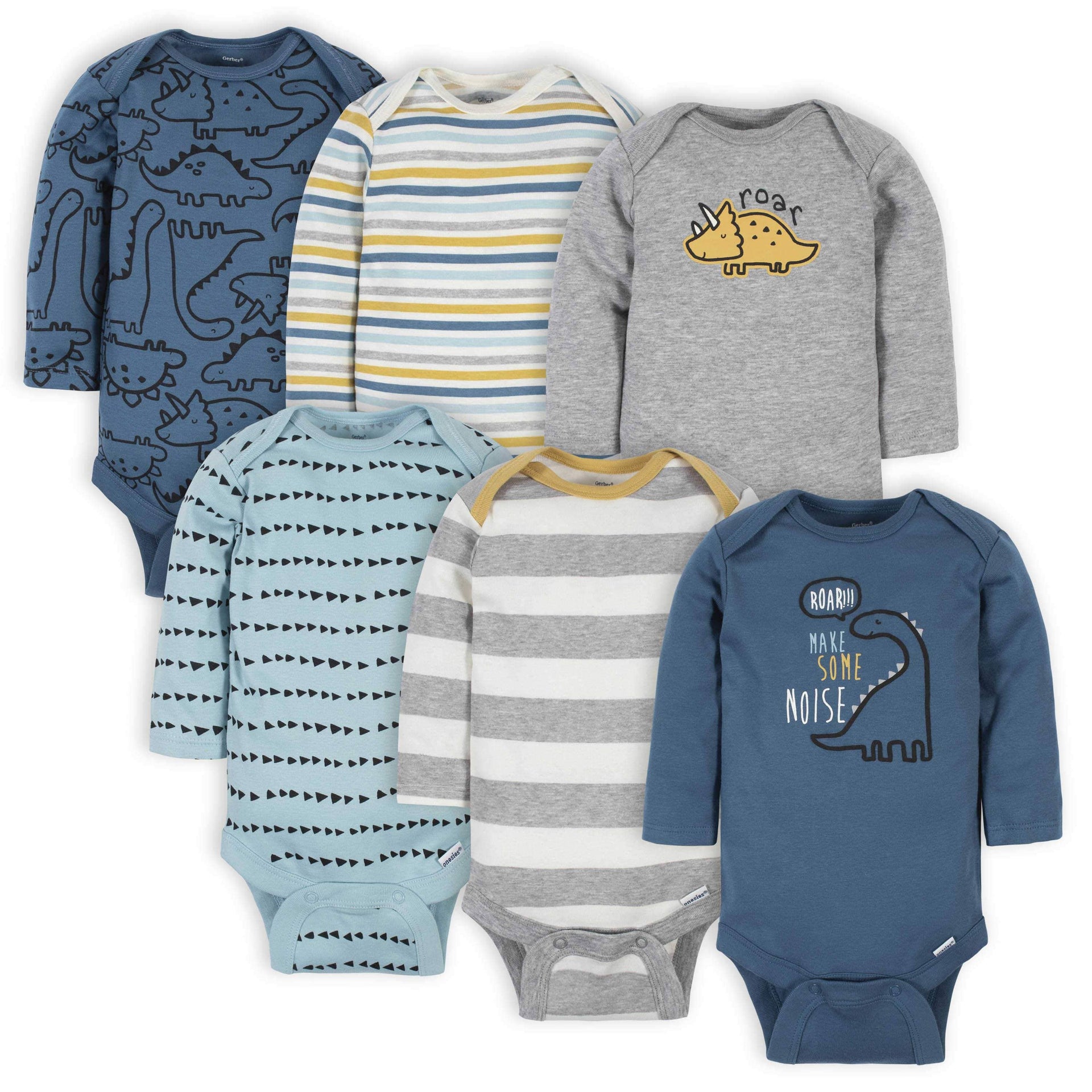 6 Pack Dinosaur Long Sleeve Onesies® Bodysuits