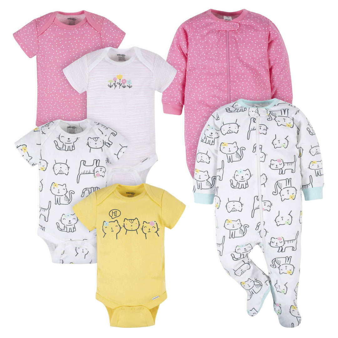 6-Piece Baby Girls Cat Onesies® Brand Bodysuit & Sleep N' Play Set
