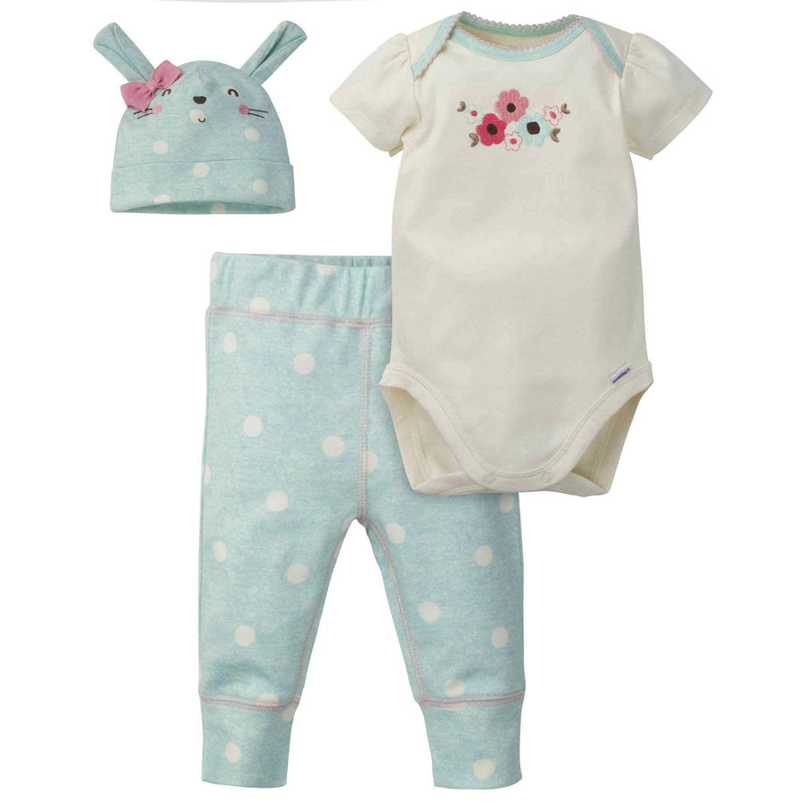 3-Piece Baby Girls Bunny Organic Onesies® Bodysuit, Pant & Cap Set-Gerber Childrenswear