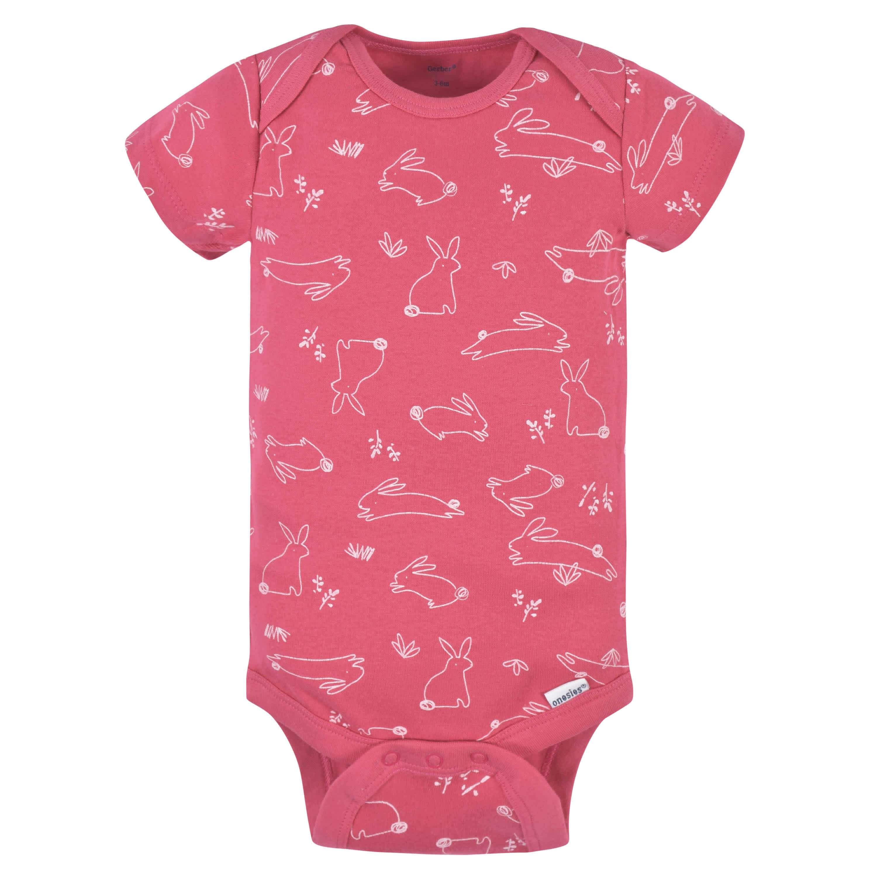 3-Pack Baby Girls Comfy Stretch Roses & Bunnies Short Sleeve Onesies® Bodysuits-Gerber Childrenswear