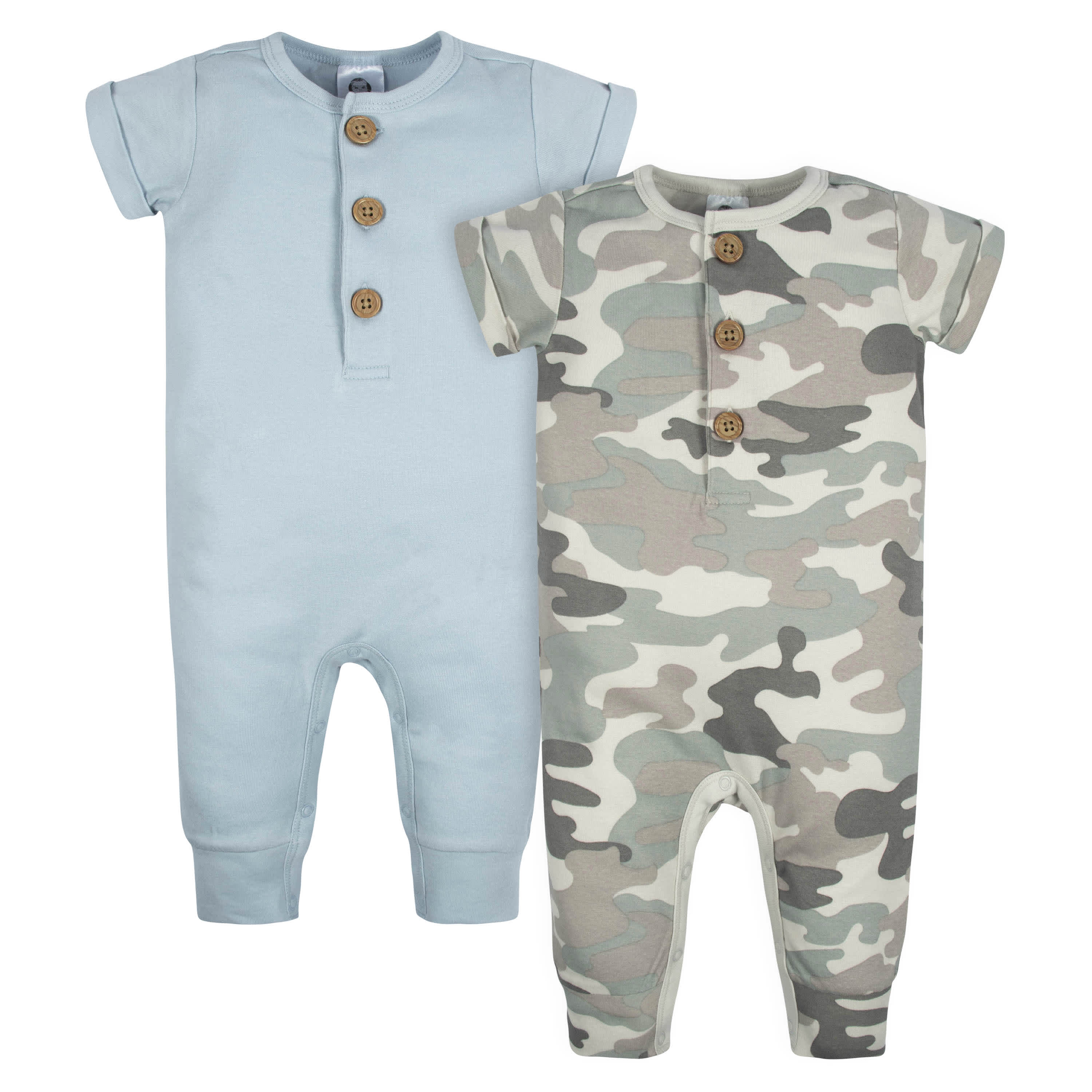 2-Pack Baby Boys Camo & Blue Short Sleeve Rompers – Gerber