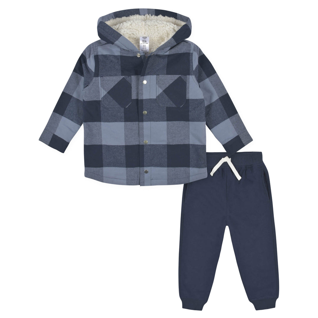 2-Piece Infant & Toddler Boys Navy Plaid Flannel Jacket & Jogger Set
