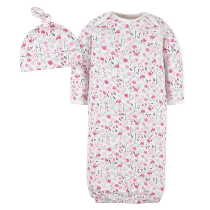 2-Piece Baby Girls Comfy Stretch Roses & Bunnies Gown & Cap Set-Gerber Childrenswear