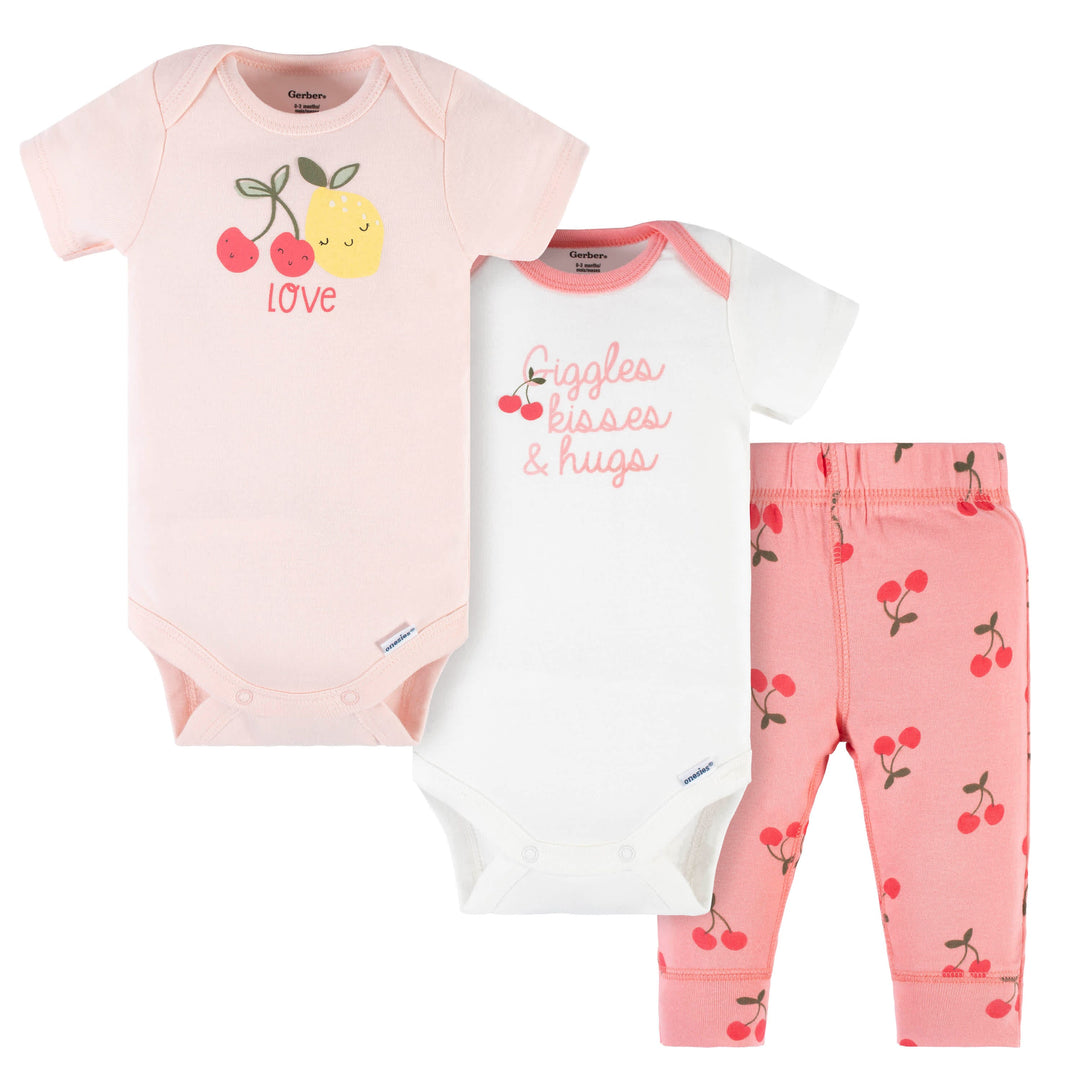 3-Piece Baby Girls Cherry Kisses Short Sleeve Onesies® Bodysuits & Pants Set-Gerber Childrenswear