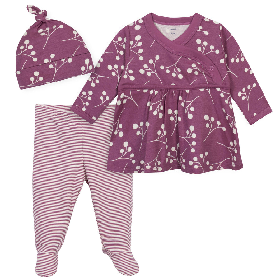 3-Piece Baby Girls Comfy Stretch Floral Shirt, Footed Pant and Cap Set-Gerber Childrenswear