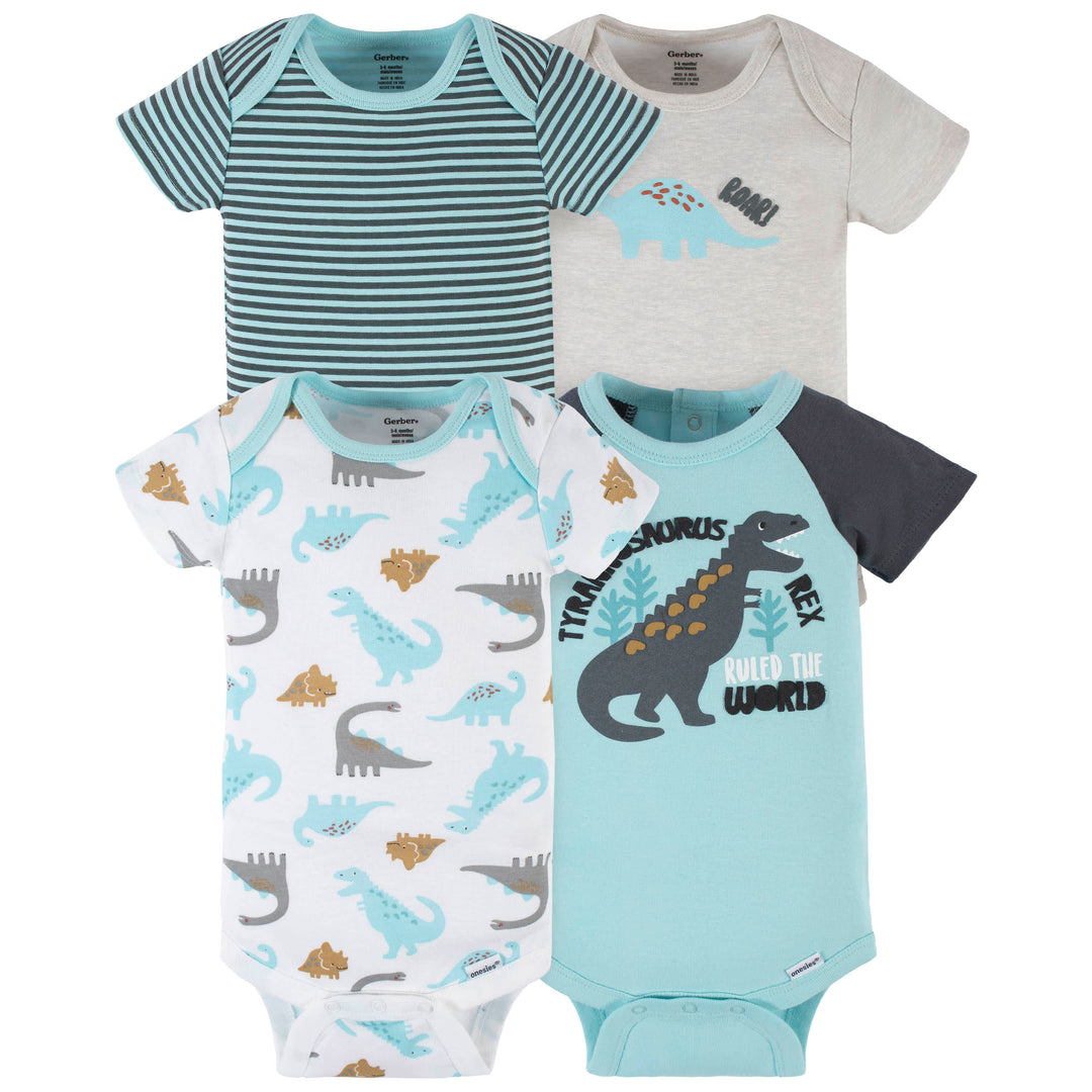 4-Pack Baby Boys Dino Blues Short Sleeve Onesies® Bodysuits-Gerber Childrenswear