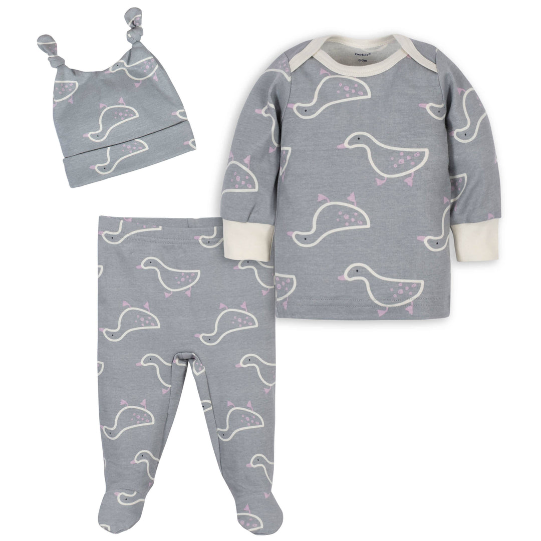 3-Piece Baby Girls Comfy Stretch Ducklings Shirt, Footed Pant and Cap Set-Gerber Childrenswear