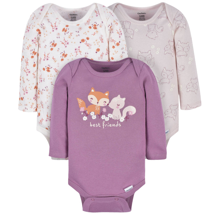 3-Pack Baby Girls Purple Woodland Long Sleeve Onesies® Bodysuits