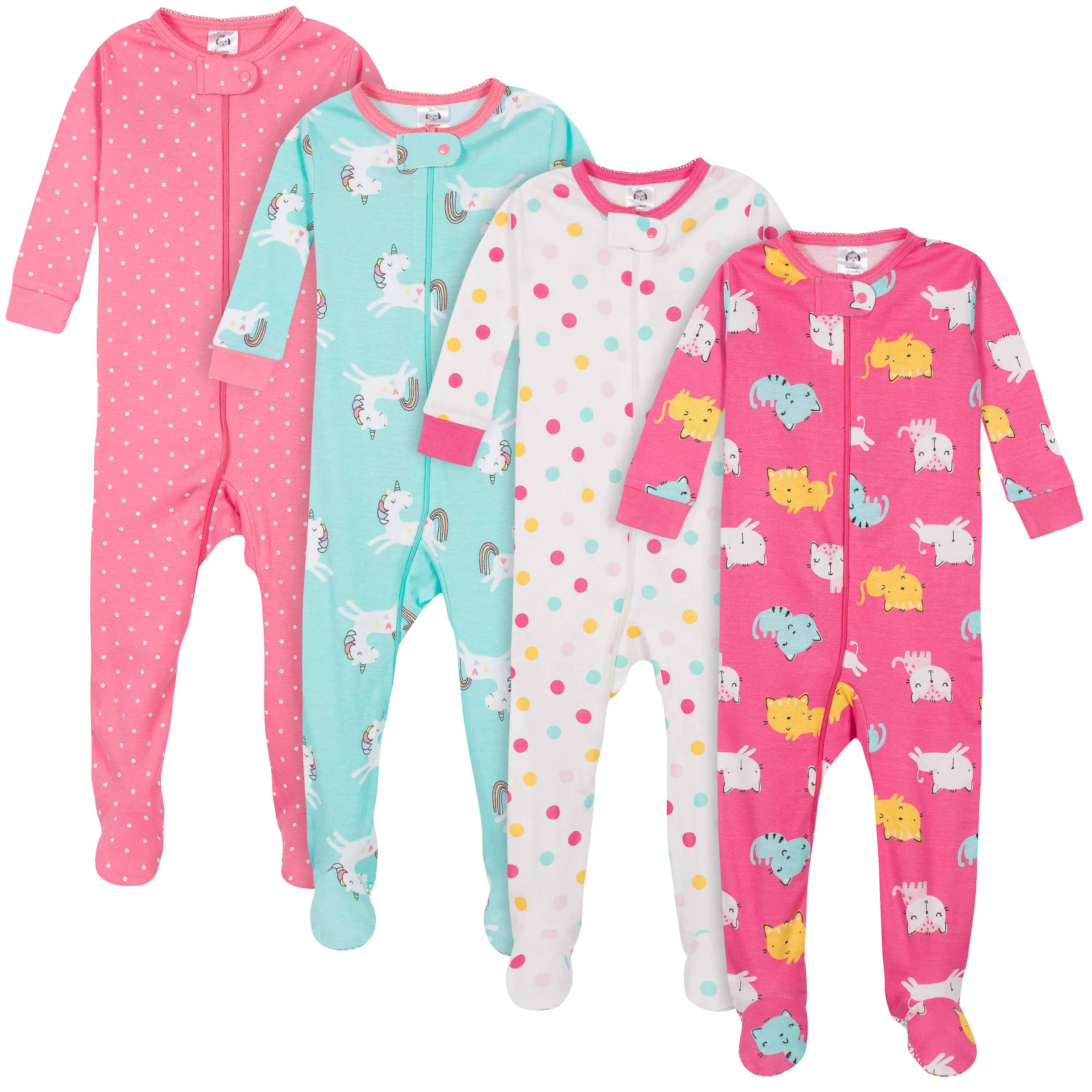 4-Pack Baby & Toddler Girls Unicorns & Cats Snug Fit Footed Cotton Pajamas-Gerber Childrenswear
