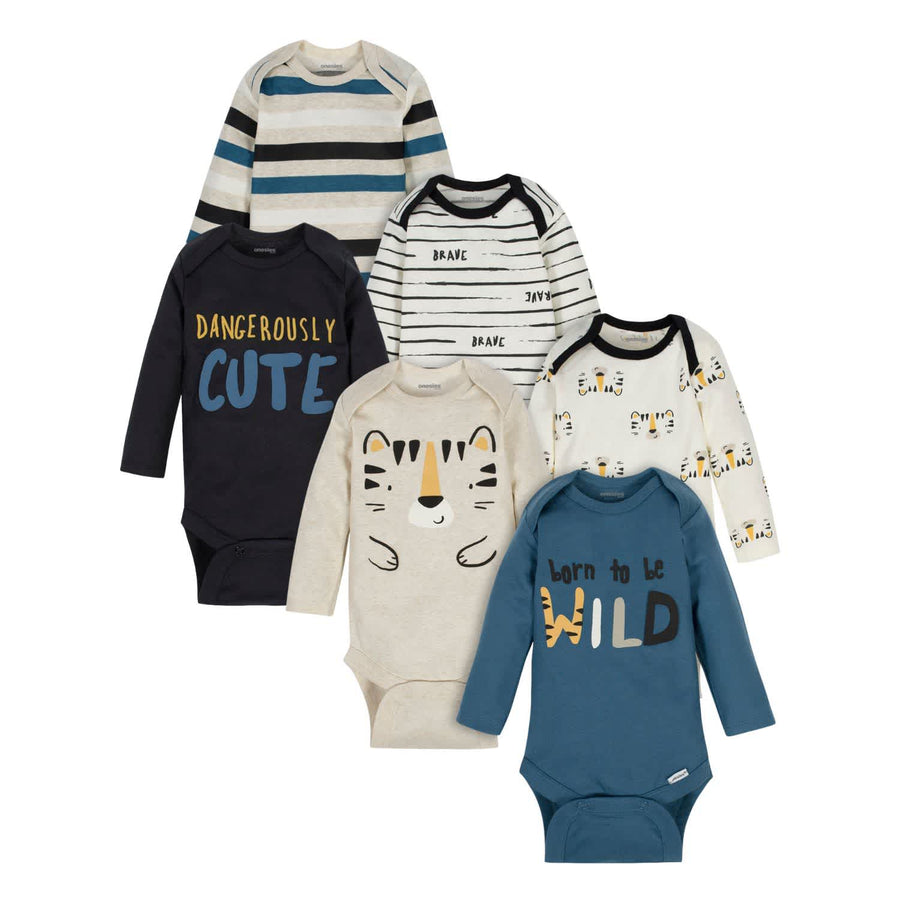 6-Pack Baby Boys Tiger Long Sleeve Onesies® Brand Bodysuits