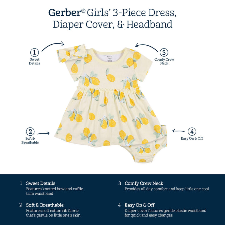3-Piece Baby & Toddler Girls Little Lemon Dress, Diaper Cover & Headband Set