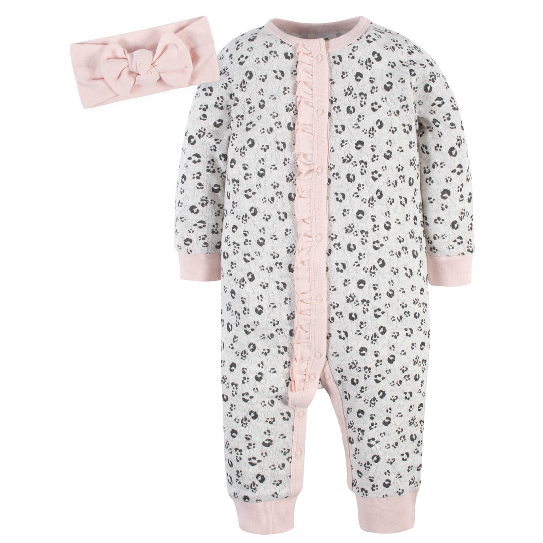4-Piece Baby Girls Leopard & Floral Coveralls & Headbands Set-Gerber Childrenswear