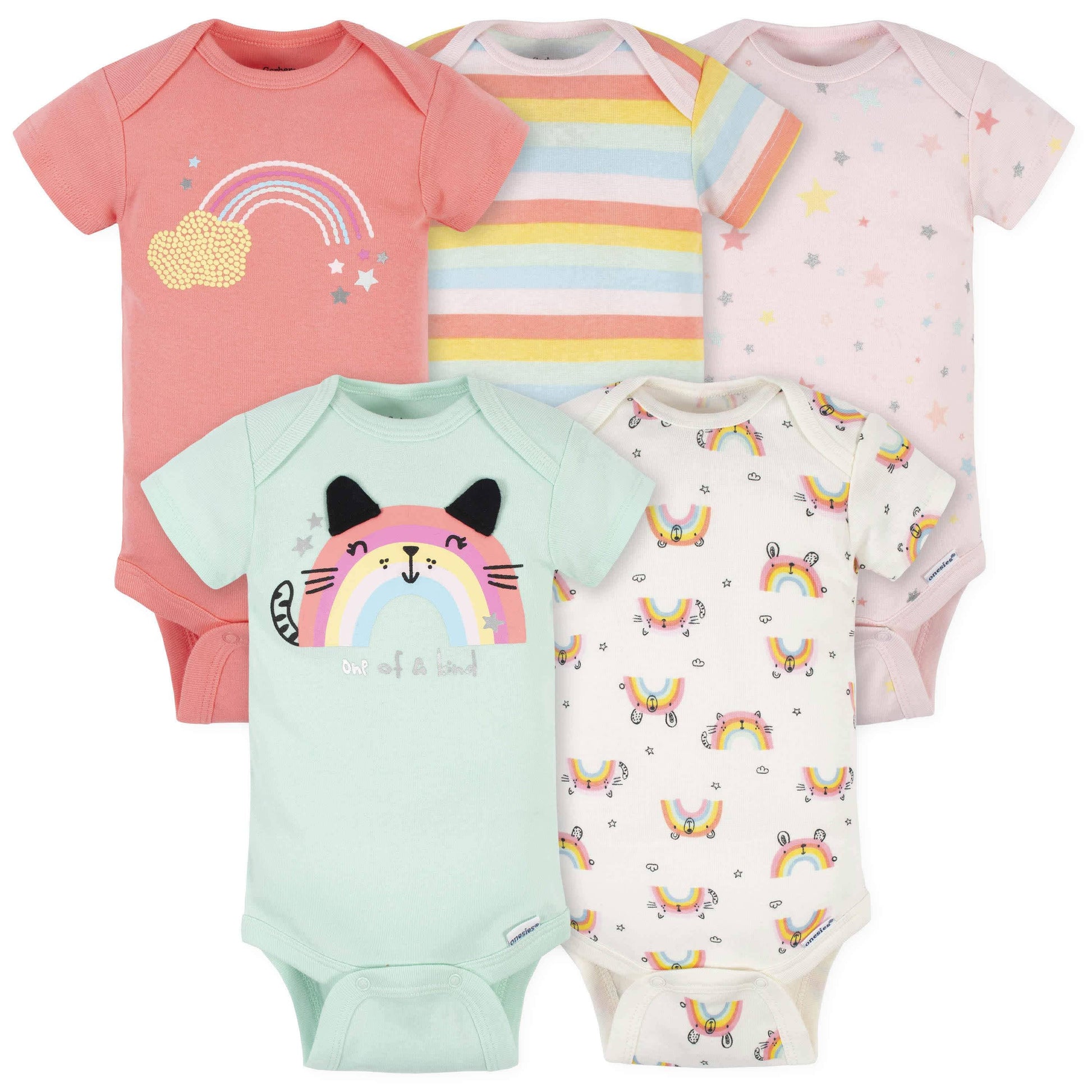 5-Pack Baby Girls Rainbow Short Sleeve Onesies® Bodysuits-Gerber Childrenswear
