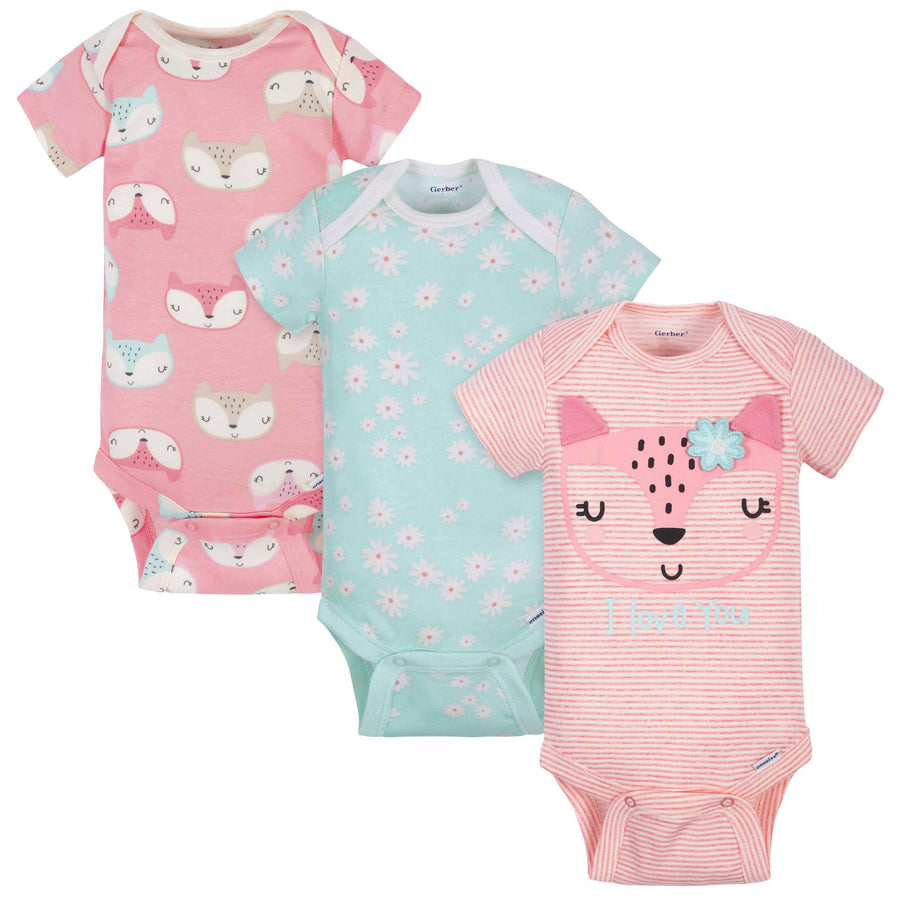 3-Pack Baby Girls Fox Short Sleeve Onesies® Bodysuits-Gerber Childrenswear