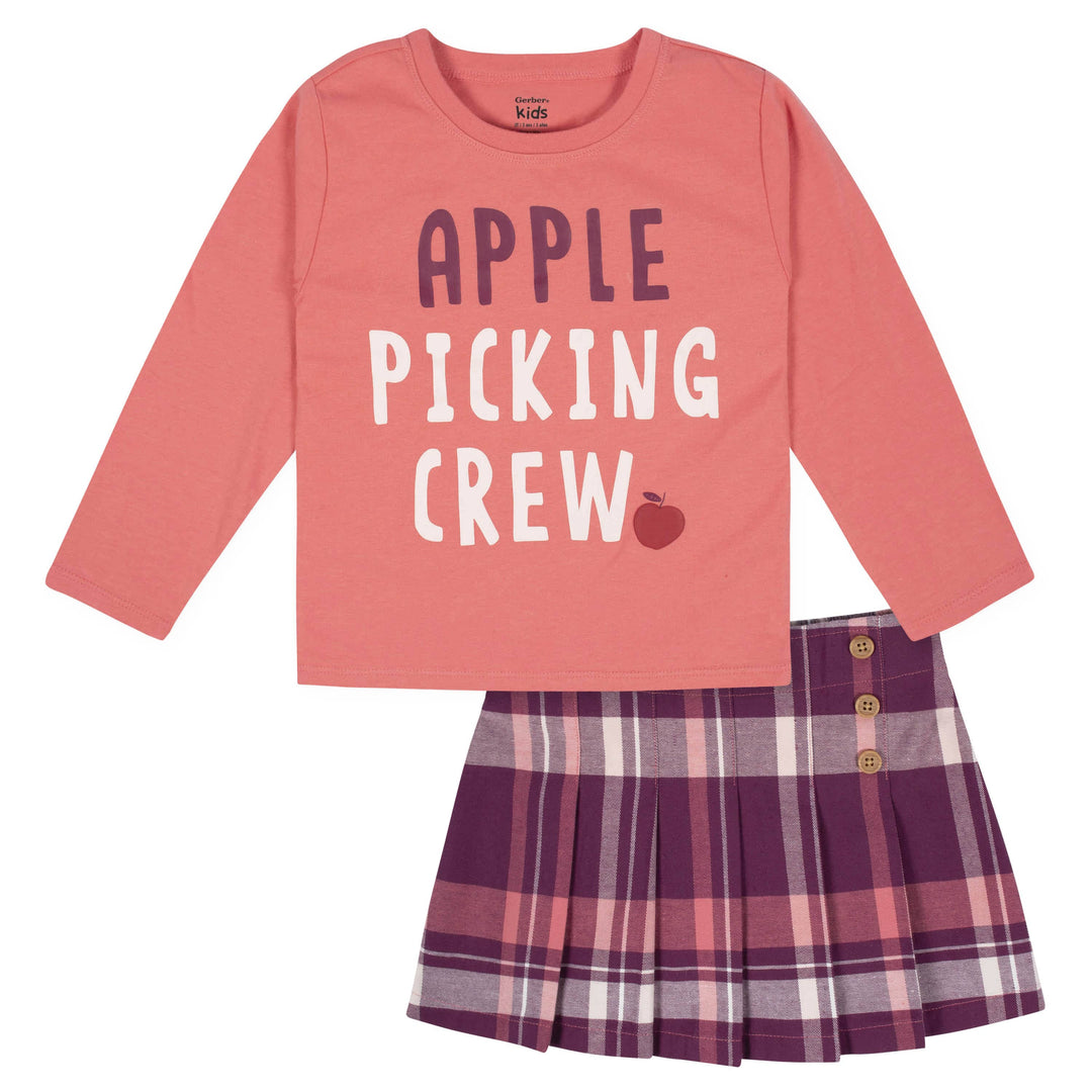 2-Piece Infant & Toddler Girls Burgundy Plaid Tee & Skirt Set