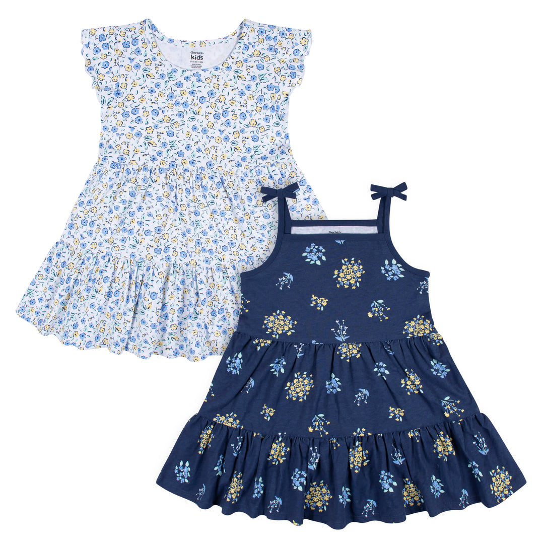 2 Pack Infant Toddler Girls Blue Floral Knit Dresses Gerber 2-pack-infant-toddler-girls-blue-floral-knit-dresses-gerber