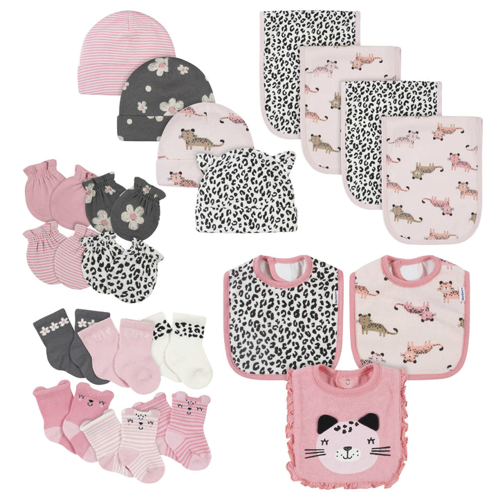21-Piece Baby Girls Leopard Terry Bib, Burpcloth, Mittens, Cap and Bootie Sock Set-Gerber Childrenswear