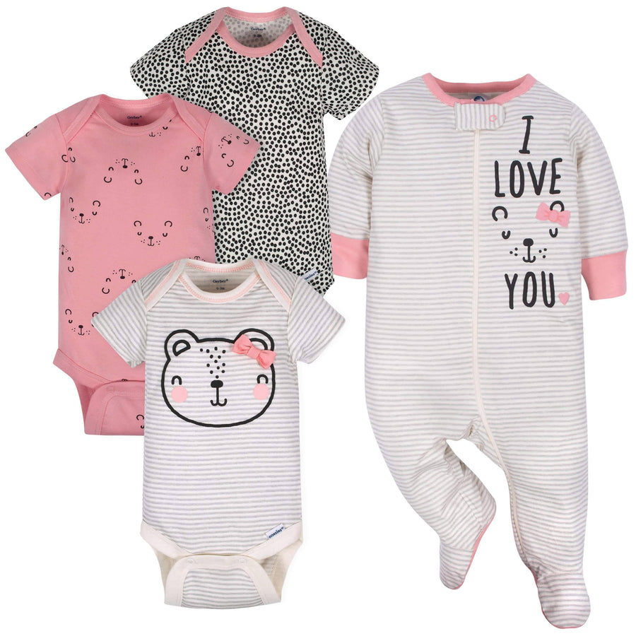 4-Piece Baby Girls Love Onesies® Bodysuits & Sleep 'N Play Set-Gerber Childrenswear
