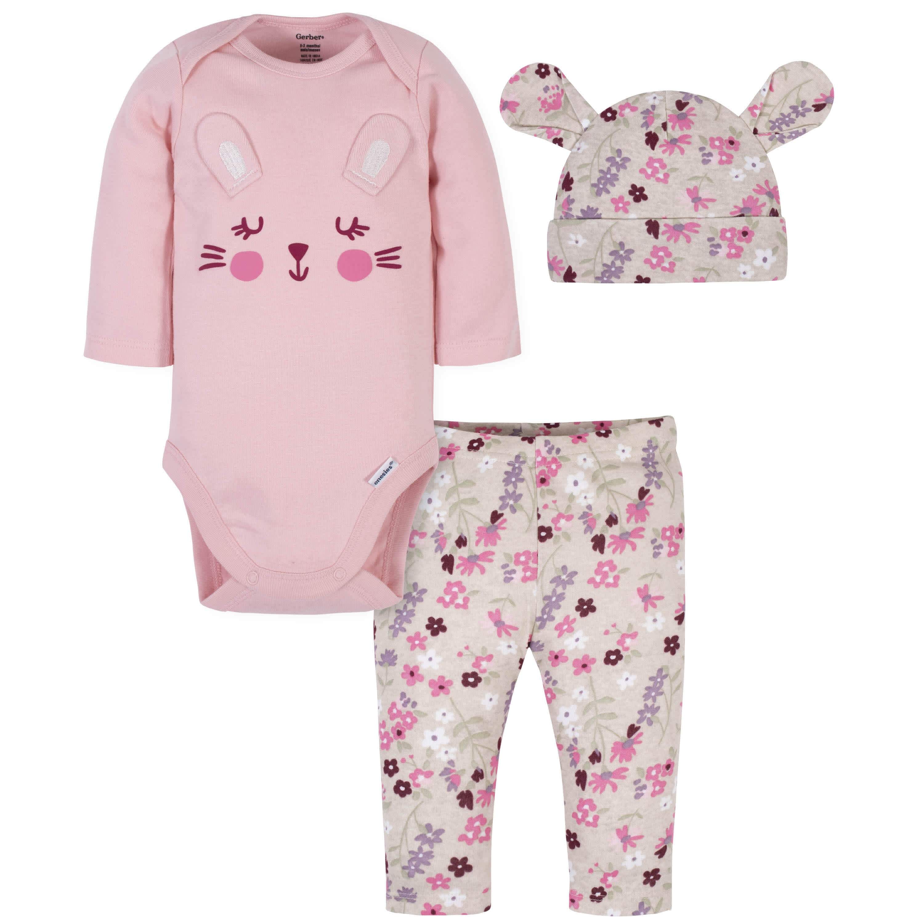 3-Piece Baby Girls Bunny Onesies® Bodysuit, Pant, & Cap Set – Gerber ...