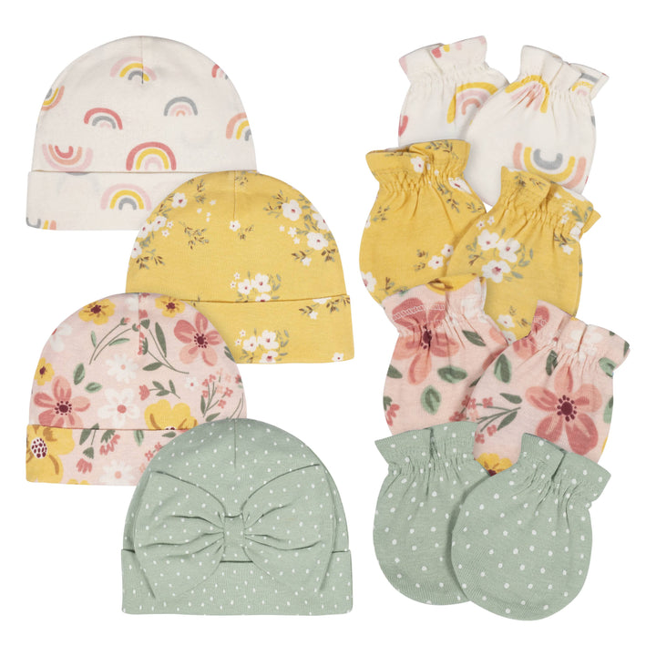 8-Piece Baby Girls Golden Floral No Scratch Mittens & Caps Set