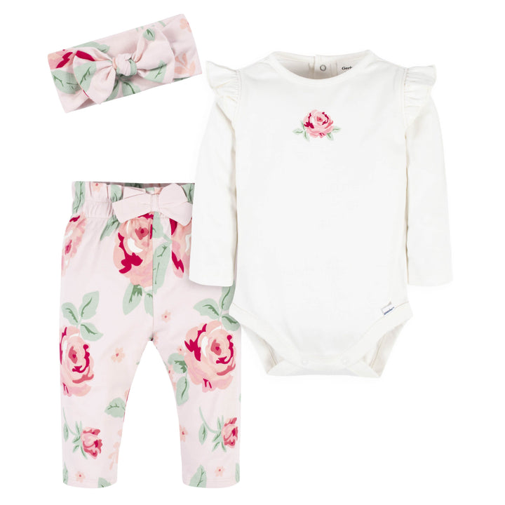3-Piece Baby Girls Pink Garden Onesies® Bodysuit, Pants & Headband Set-Gerber Childrenswear